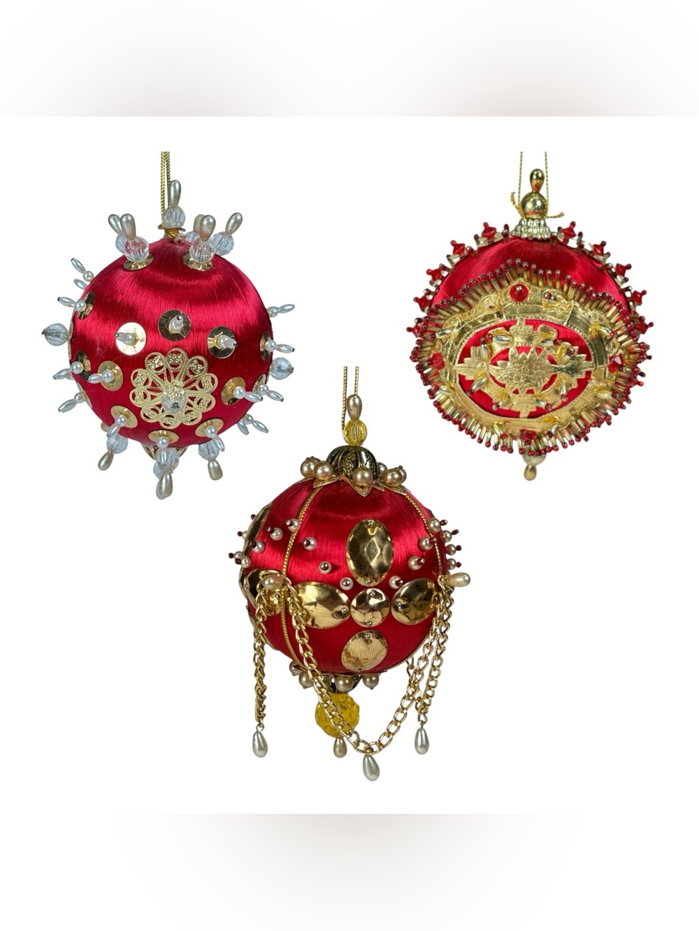 3 Vintage Handmade Red Satin Gold Bead Sequin Push Pin Christmas Balls Ornaments